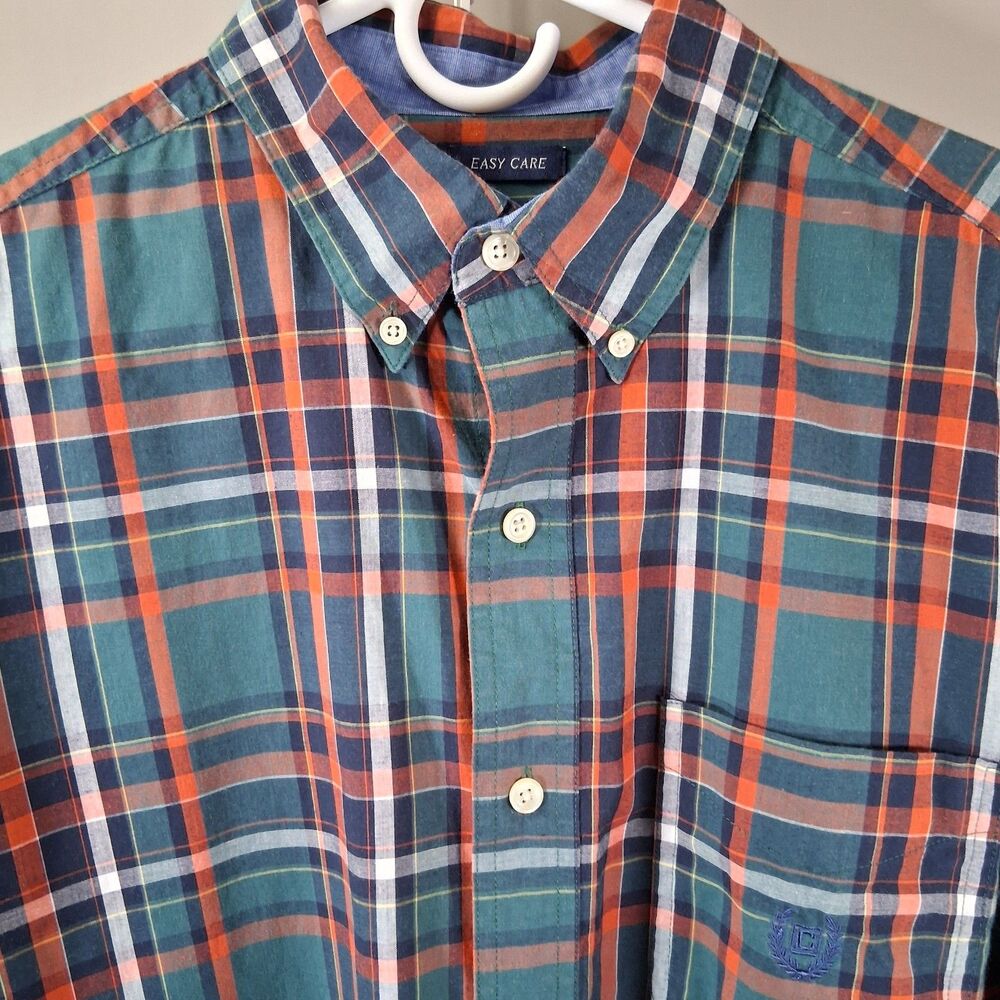 Chaps Mens Medium Shirt Long Sleeve Easy Care Plaid Button Down Green Orange M